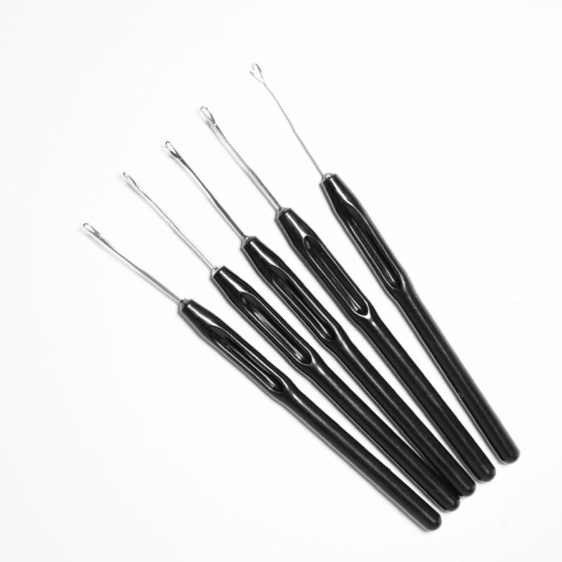 A row of 5 identical pulling hook needles for hair extensions. Each needle has a black shiny plastic handle with a long steel needle with j-hook tip.