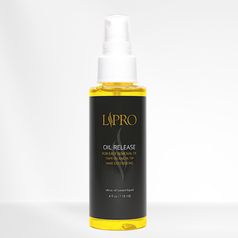 Bottle of LPRO Oil Release hair extension remover against white background