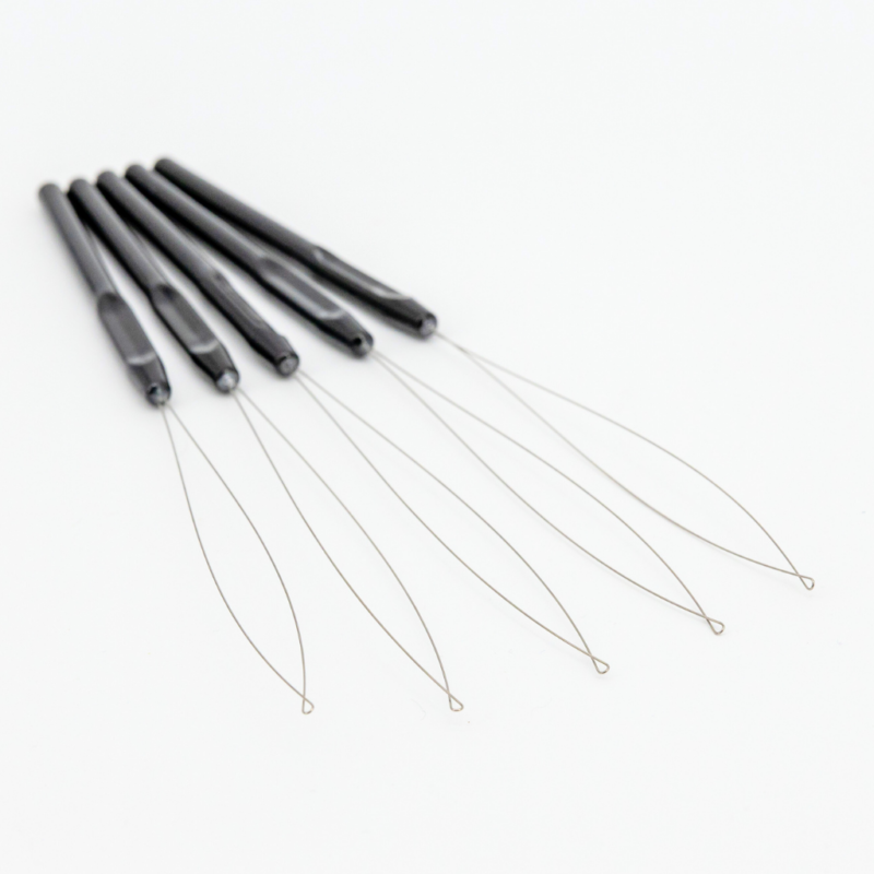 5 loop tools for microbead hair extensions. Each tool has a black hard plastic handle and long silver color wire loop