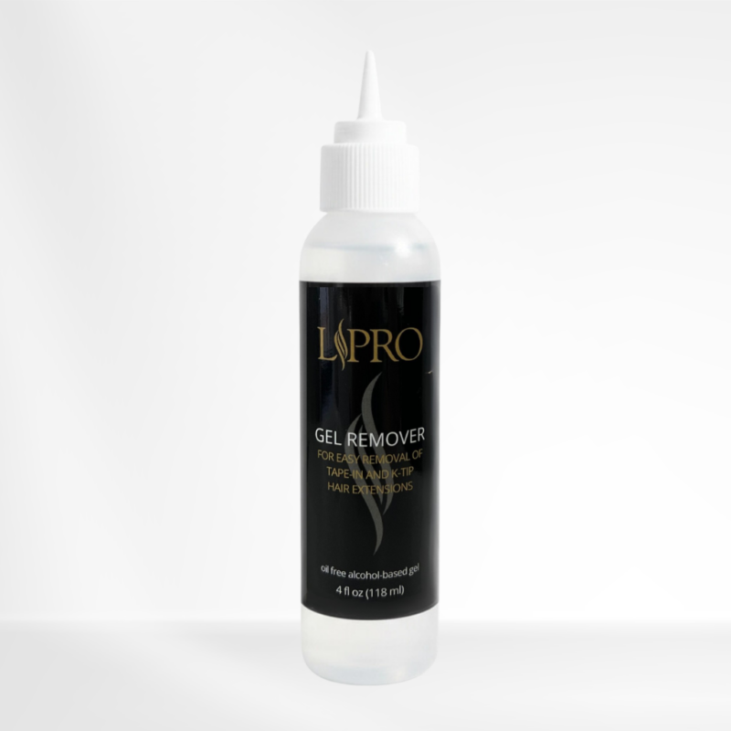 LPRO Gel Remover for hair extensions in squeeze bottle against white background